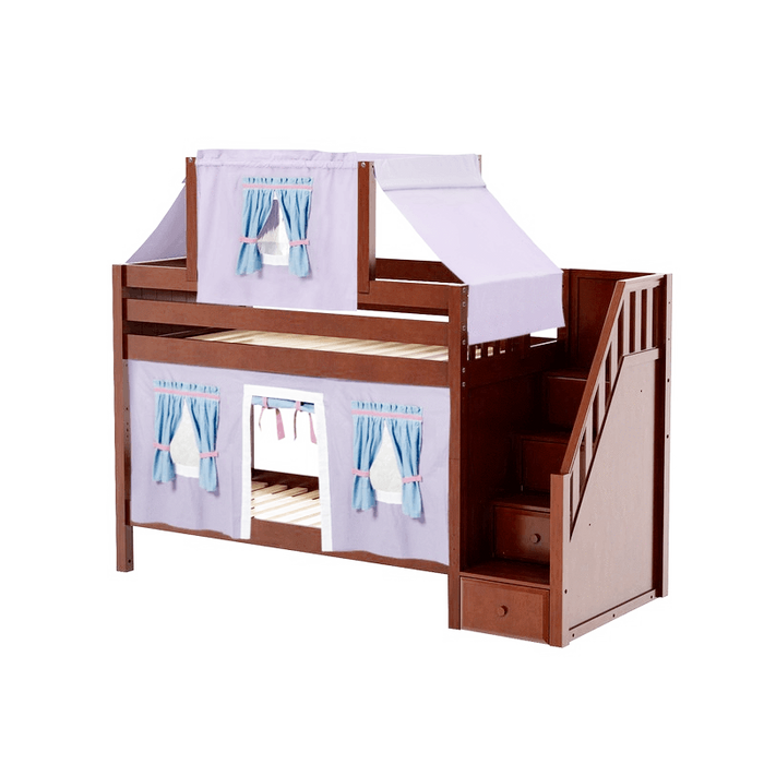 Maxtrix Twin Low Bunk Bed with Stairs, Curtain + Top Tent
