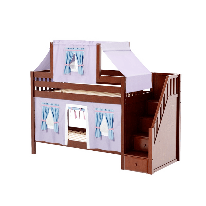 Maxtrix Twin Low Bunk Bed with Stairs, Curtain + Top Tent