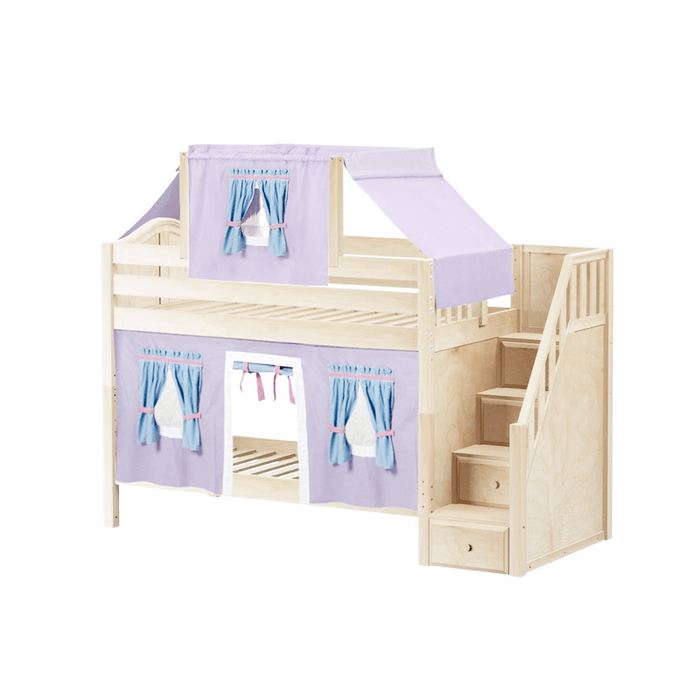 Maxtrix Twin Low Bunk Bed with Stairs, Curtain + Top Tent