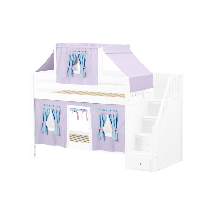 Maxtrix Twin Low Bunk Bed with Stairs, Curtain + Top Tent