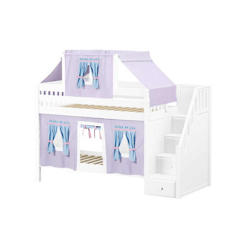 Maxtrix Twin Low Bunk Bed with Stairs, Curtain + Top Tent