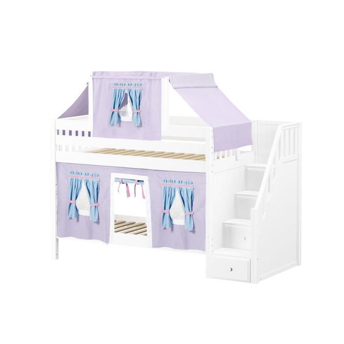 Maxtrix Twin Low Bunk Bed with Stairs, Curtain + Top Tent