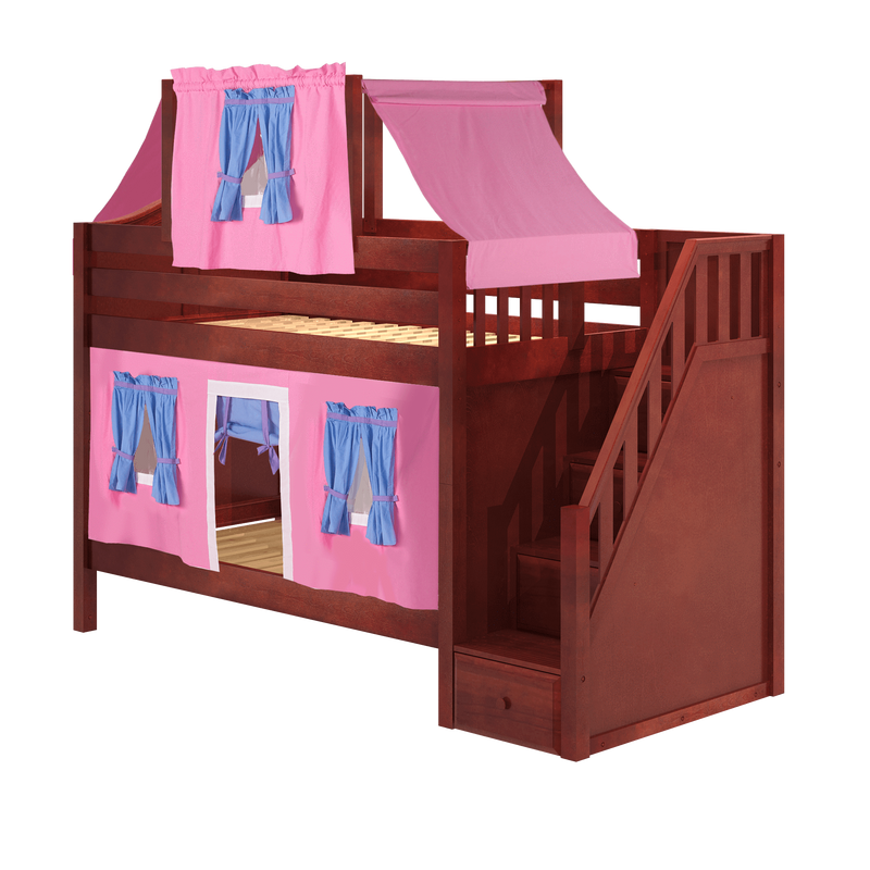 Maxtrix Twin Low Bunk Bed with Stairs, Curtain + Top Tent