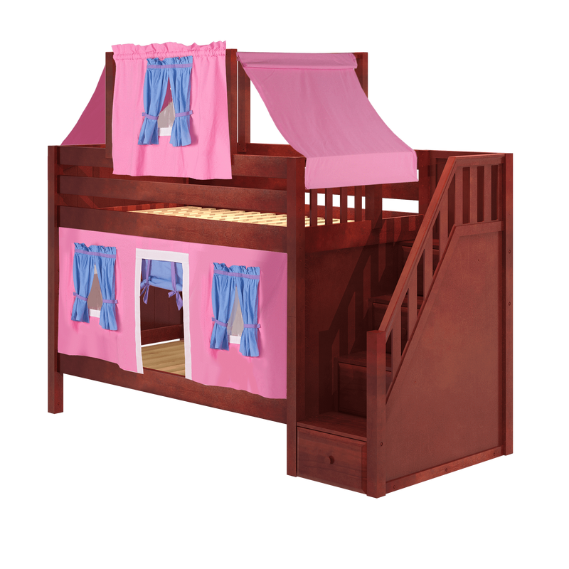 Maxtrix Twin Low Bunk Bed with Stairs, Curtain + Top Tent