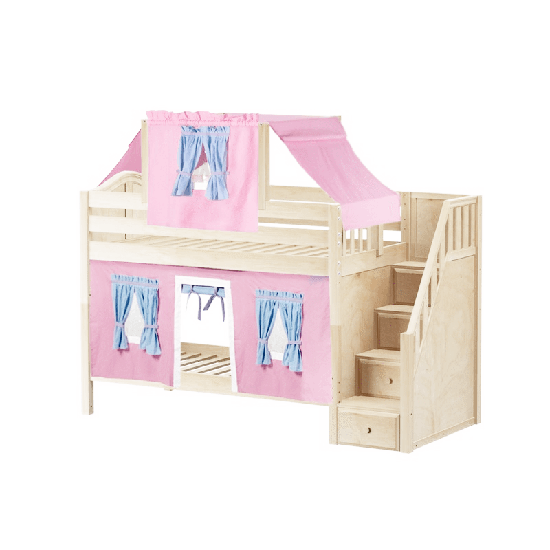 Maxtrix Twin Low Bunk Bed with Stairs, Curtain + Top Tent