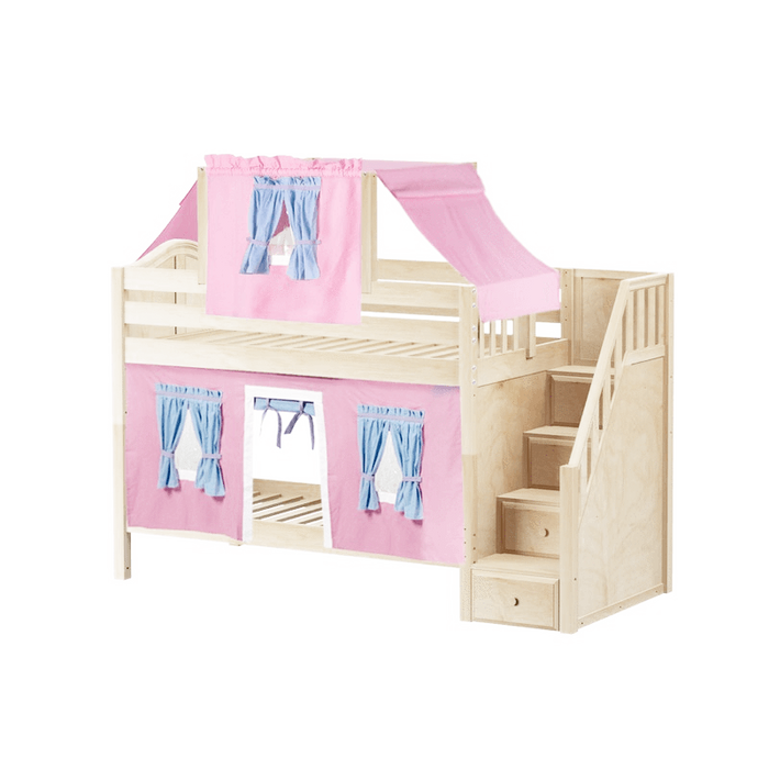 Maxtrix Twin Low Bunk Bed with Stairs, Curtain + Top Tent