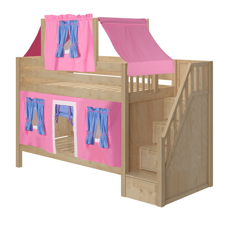 Maxtrix Twin Low Bunk Bed with Stairs, Curtain + Top Tent