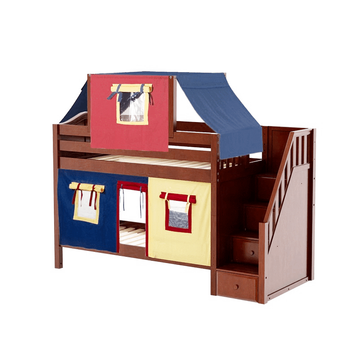 Maxtrix Twin Low Bunk Bed with Stairs, Curtain + Top Tent