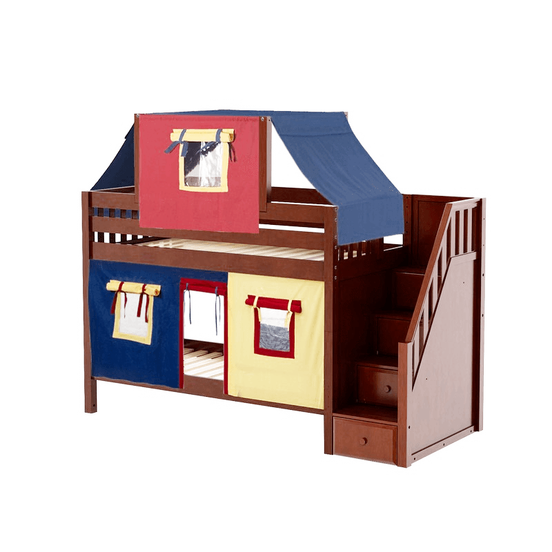 Maxtrix Twin Low Bunk Bed with Stairs, Curtain + Top Tent