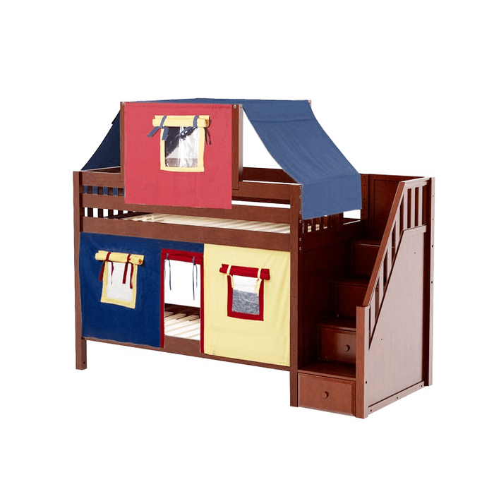 Maxtrix Twin Low Bunk Bed with Stairs, Curtain + Top Tent