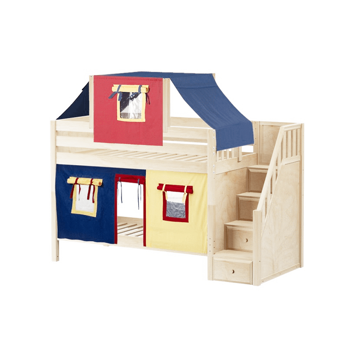 Maxtrix Twin Low Bunk Bed with Stairs, Curtain + Top Tent
