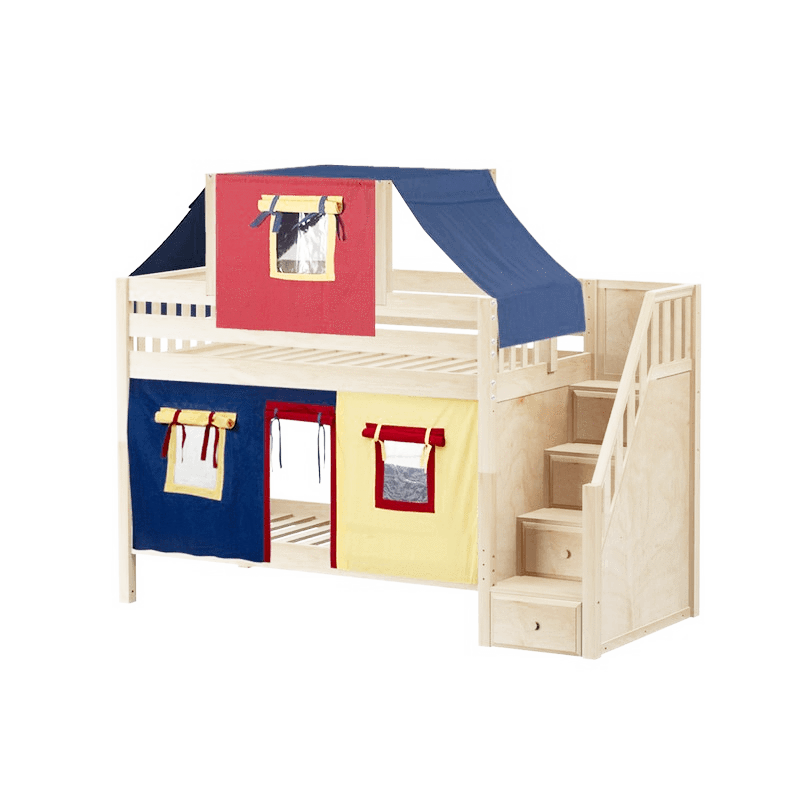 Maxtrix Twin Low Bunk Bed with Stairs, Curtain + Top Tent