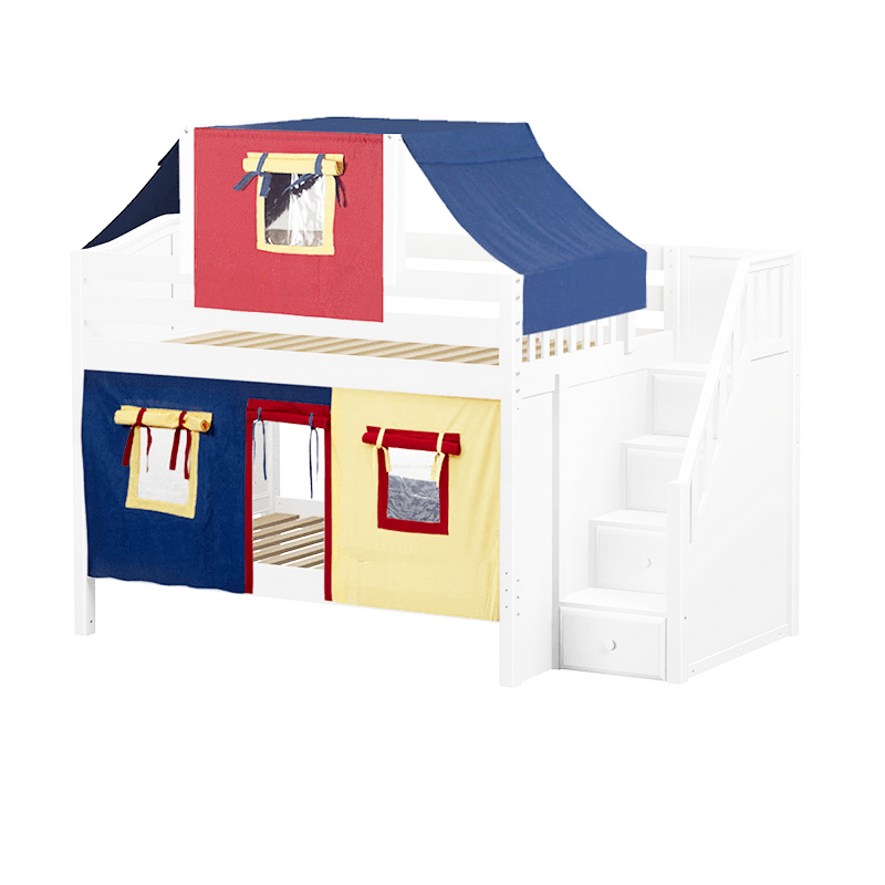 Maxtrix Twin Low Bunk Bed with Stairs, Curtain + Top Tent