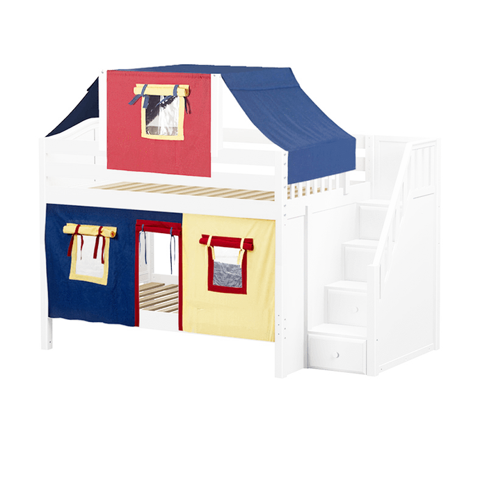 Maxtrix Twin Low Bunk Bed with Stairs, Curtain + Top Tent