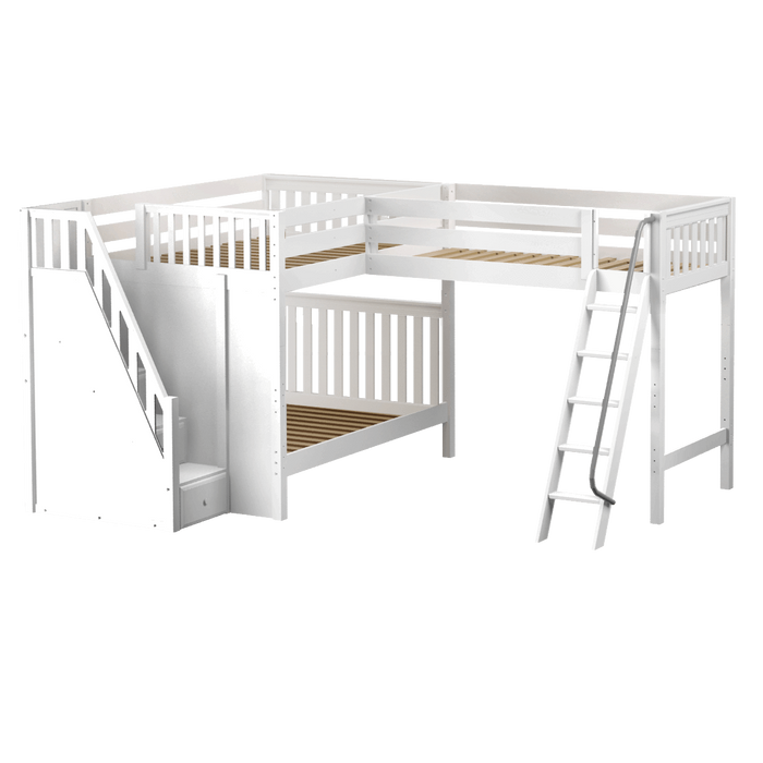 Maxtrix Full High Corner Loft Bunk Bed with Ladder + Stairs - L