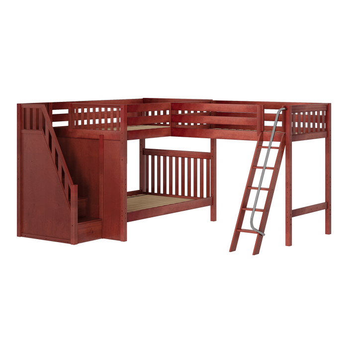 Maxtrix Full High Corner Loft Bunk Bed with Ladder + Stairs - L