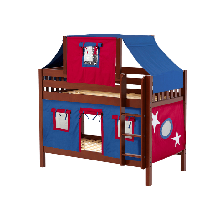 Maxtrix Twin Low Bunk Bed with Straight Ladder, Top Tent + Curtain