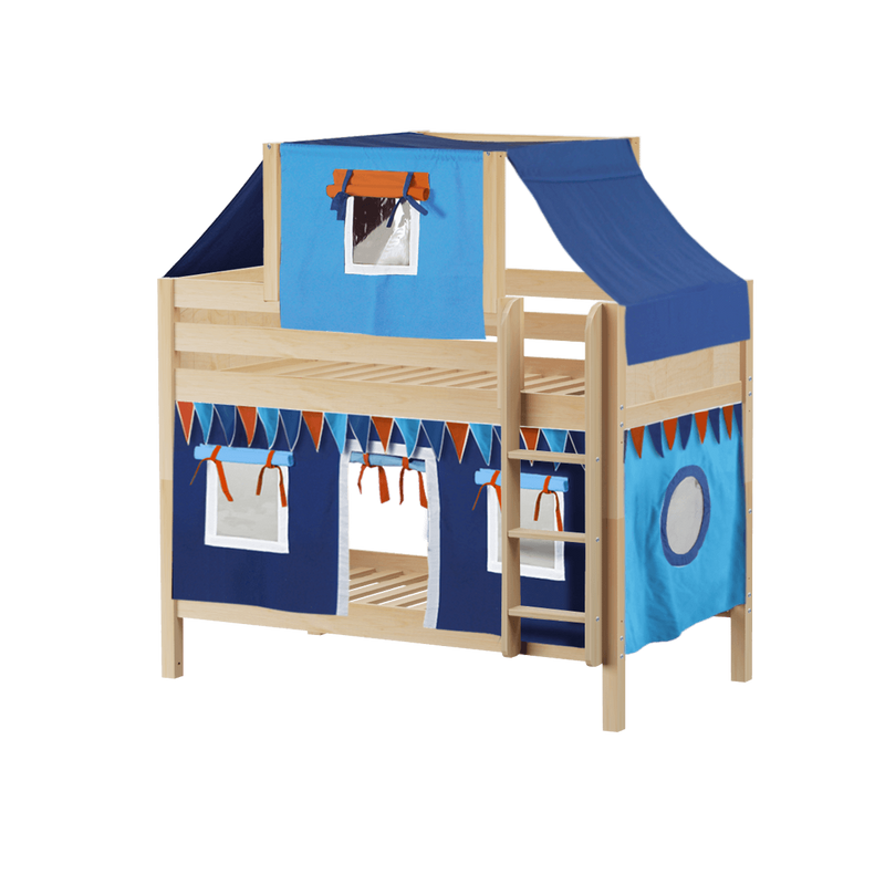 Maxtrix Twin Low Bunk Bed with Straight Ladder, Top Tent + Curtain