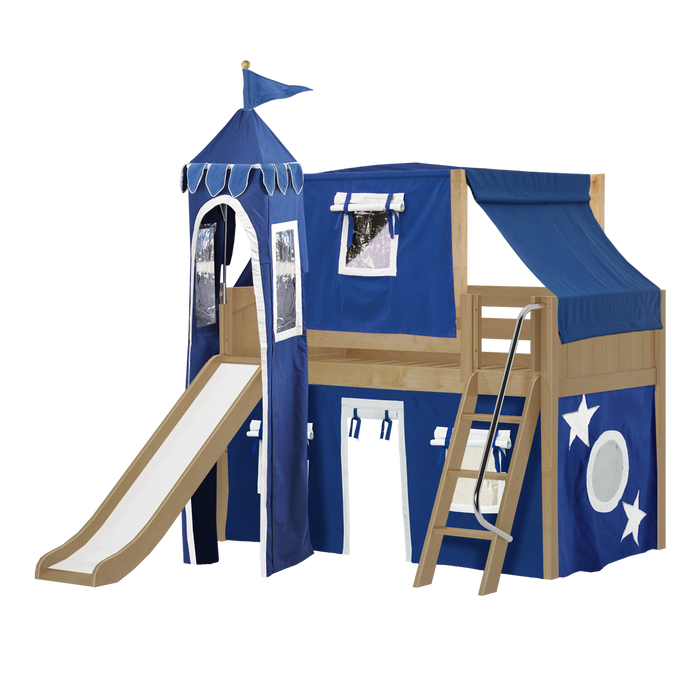 Maxtrix Twin Low Loft Bed with Angled Ladder, Curtain, Top Tent, Tower + Slide