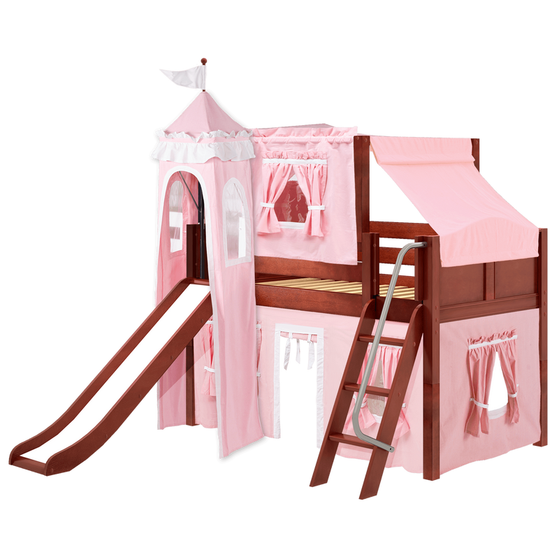 Maxtrix Twin Low Loft Bed with Angled Ladder, Curtain, Top Tent, Tower + Slide