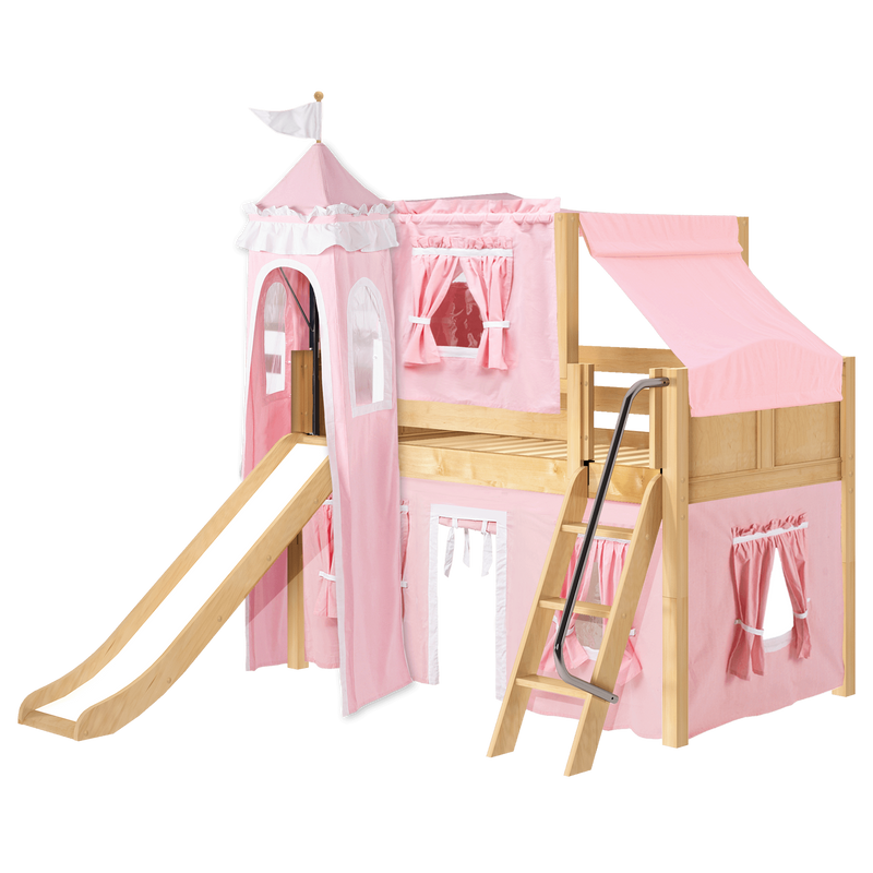 Maxtrix Twin Low Loft Bed with Angled Ladder, Curtain, Top Tent, Tower + Slide