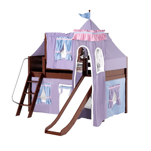 Maxtrix Twin Low Loft Bed with Angled Ladder, Curtain, Top Tent, Tower + Slide