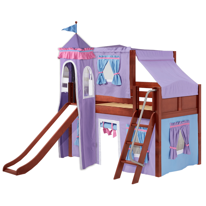 Maxtrix Twin Low Loft Bed with Angled Ladder, Curtain, Top Tent, Tower + Slide