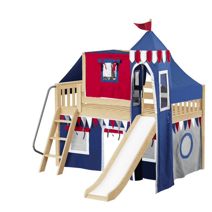 Maxtrix Twin Low Loft Bed with Angled Ladder, Curtain, Top Tent, Tower + Slide