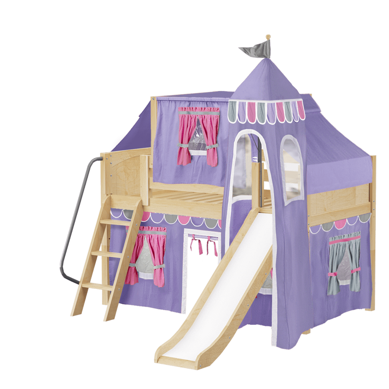 Maxtrix Twin Low Loft Bed with Angled Ladder, Curtain, Top Tent, Tower + Slide