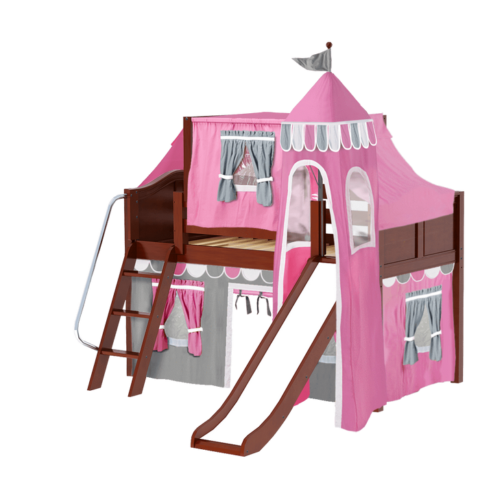 Maxtrix Twin Low Loft Bed with Angled Ladder, Curtain, Top Tent, Tower + Slide