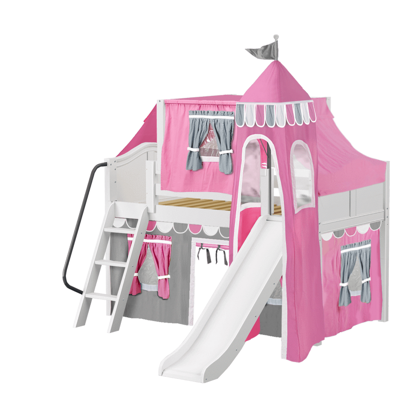 Maxtrix Twin Low Loft Bed with Angled Ladder, Curtain, Top Tent, Tower + Slide