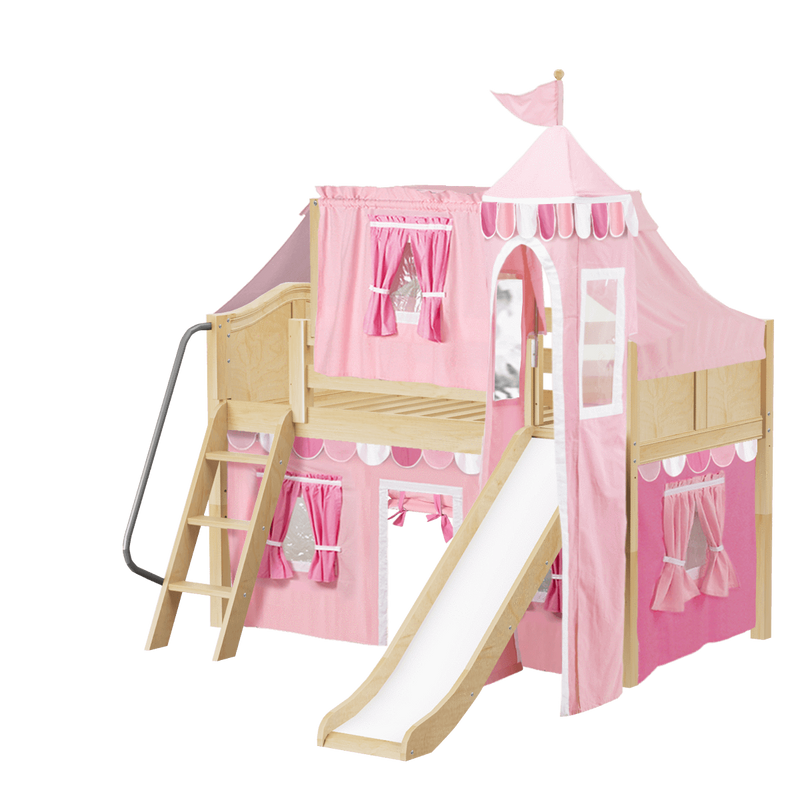 Maxtrix Twin Low Loft Bed with Angled Ladder, Curtain, Top Tent, Tower + Slide