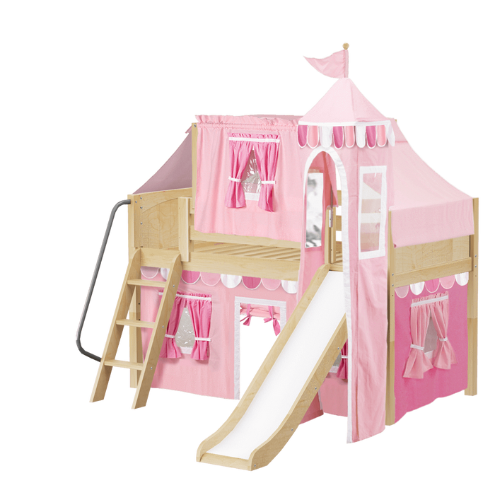 Maxtrix Twin Low Loft Bed with Angled Ladder, Curtain, Top Tent, Tower + Slide