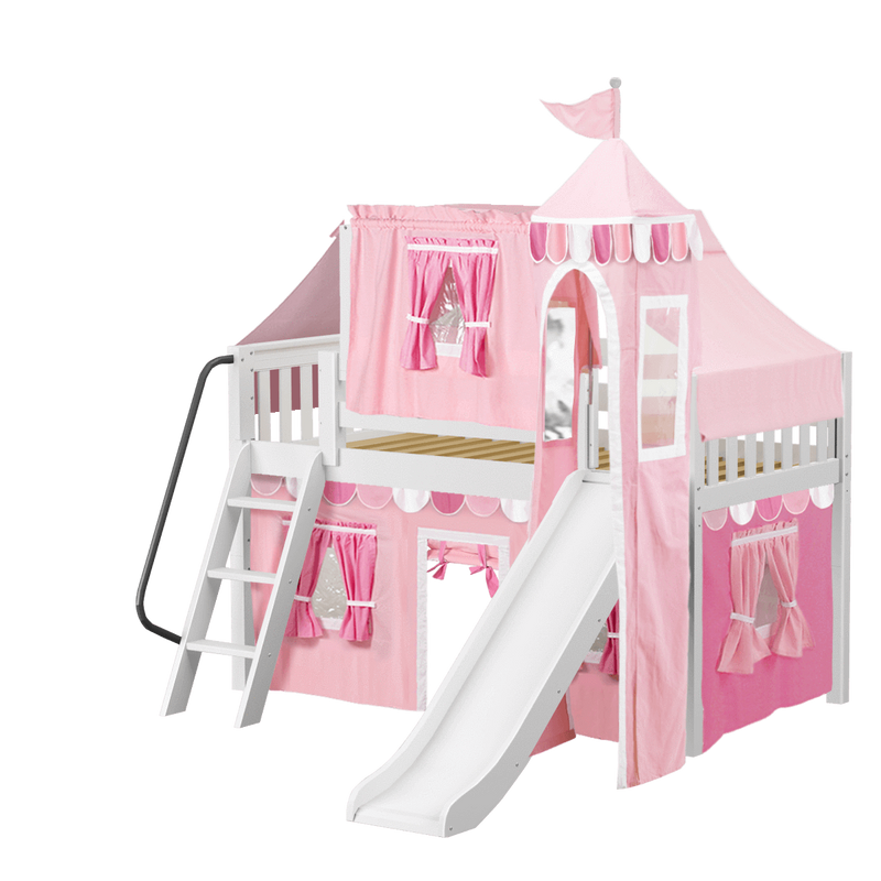 Maxtrix Twin Low Loft Bed with Angled Ladder, Curtain, Top Tent, Tower + Slide