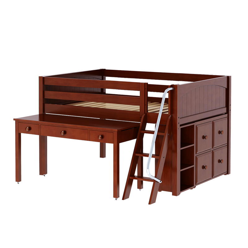 Maxtrix Full Low Loft Bed with Angled Ladder, Storage + Long Desk