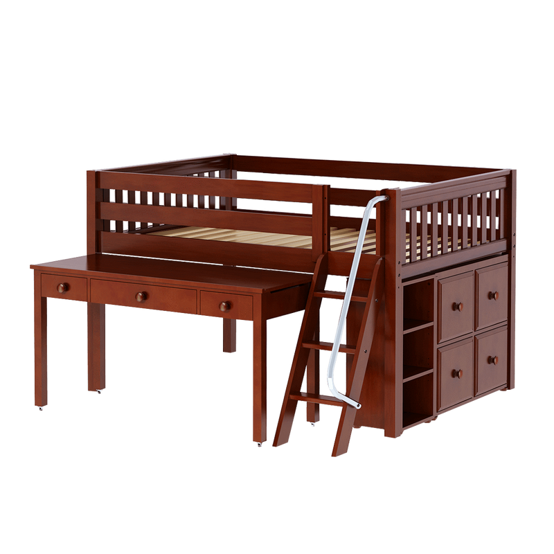 Maxtrix Full Low Loft Bed with Angled Ladder, Storage + Long Desk