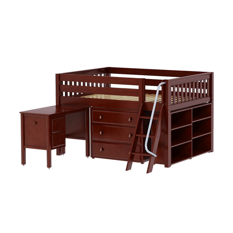 Maxtrix Full Low Loft Bed with Angled Ladder, Storage + Desk