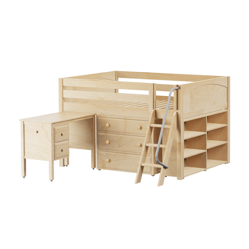 Maxtrix Full Low Loft Bed with Angled Ladder, Storage + Desk
