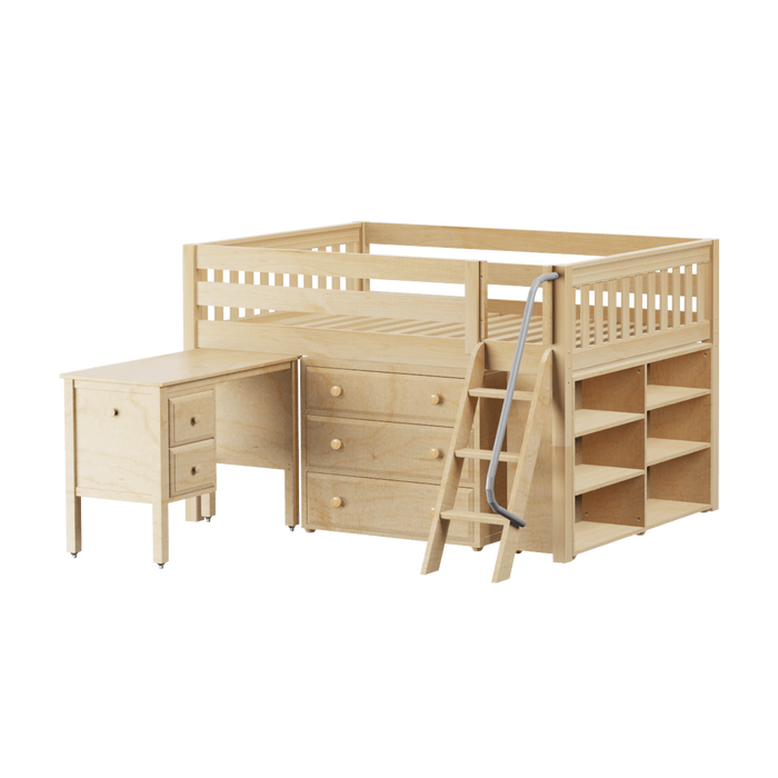 Maxtrix Full Low Loft Bed with Angled Ladder, Storage + Desk