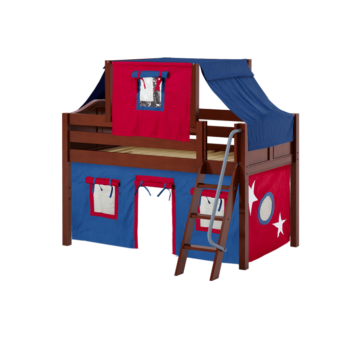 Maxtrix Twin Low Loft Bed with Angled Ladder, Curtain + Top Tent