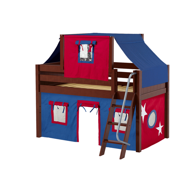 Maxtrix Twin Low Loft Bed with Angled Ladder, Curtain + Top Tent