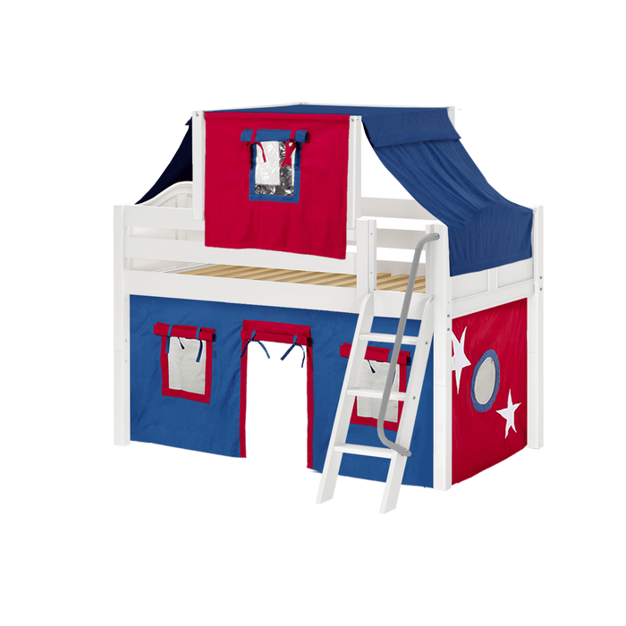 Maxtrix Twin Low Loft Bed with Angled Ladder, Curtain + Top Tent