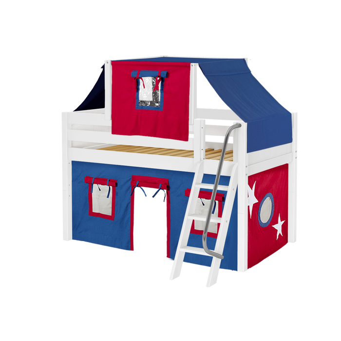 Maxtrix Twin Low Loft Bed with Angled Ladder, Curtain + Top Tent