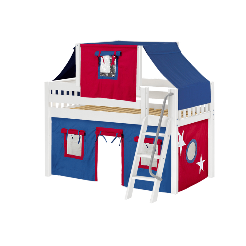 Maxtrix Twin Low Loft Bed with Angled Ladder, Curtain + Top Tent