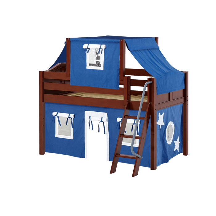Maxtrix Twin Low Loft Bed with Angled Ladder, Curtain + Top Tent