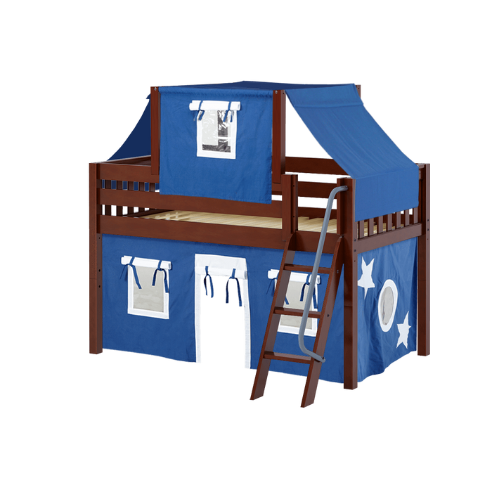 Maxtrix Twin Low Loft Bed with Angled Ladder, Curtain + Top Tent