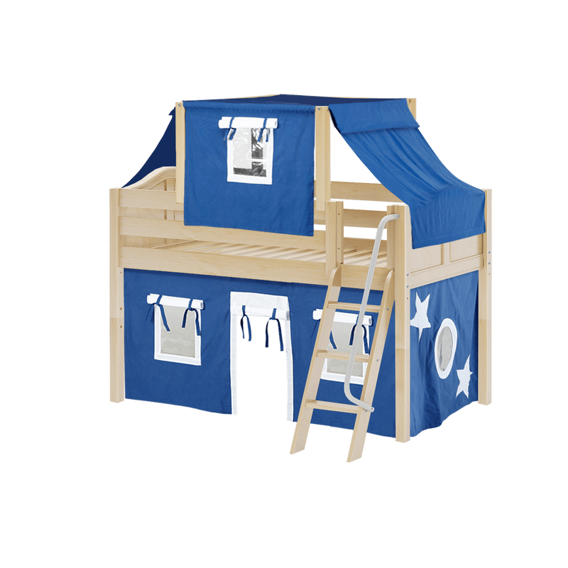 Maxtrix Twin Low Loft Bed with Angled Ladder, Curtain + Top Tent