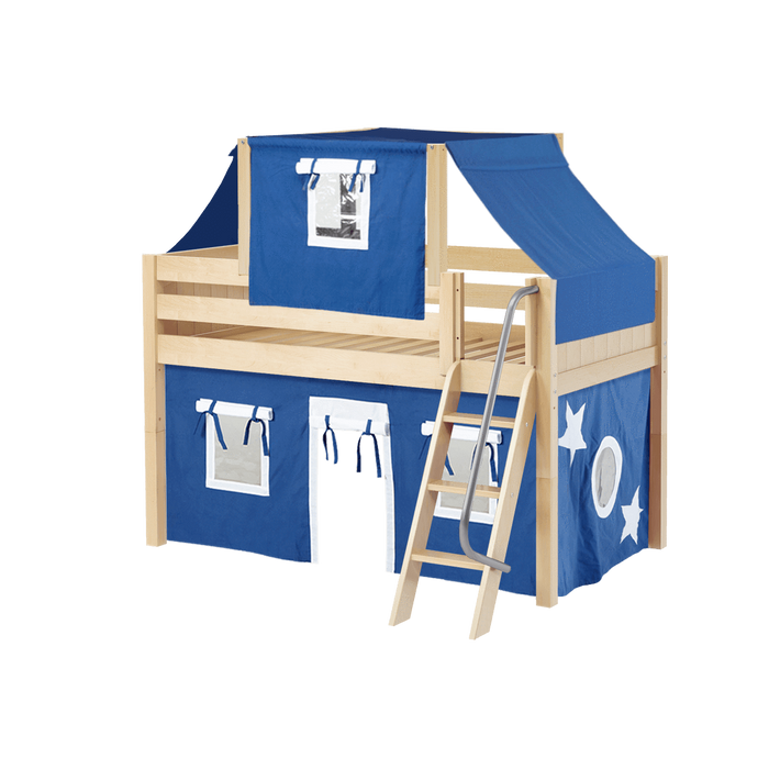 Maxtrix Twin Low Loft Bed with Angled Ladder, Curtain + Top Tent