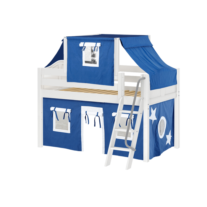 Maxtrix Twin Low Loft Bed with Angled Ladder, Curtain + Top Tent