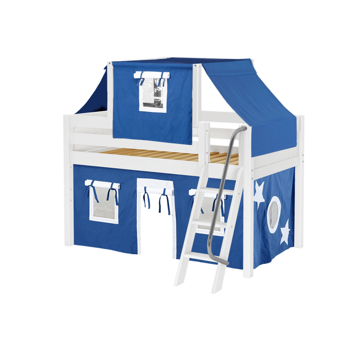 Maxtrix Twin Low Loft Bed with Angled Ladder, Curtain + Top Tent